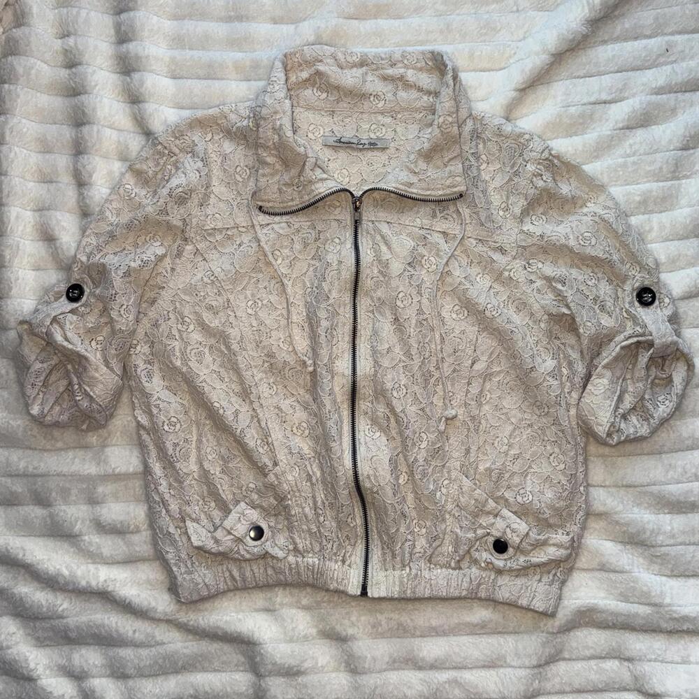 Floral Lace Zip Up Bomber Jacket American Rag Fairy Boho Cottagecore 3/4 Sleeve